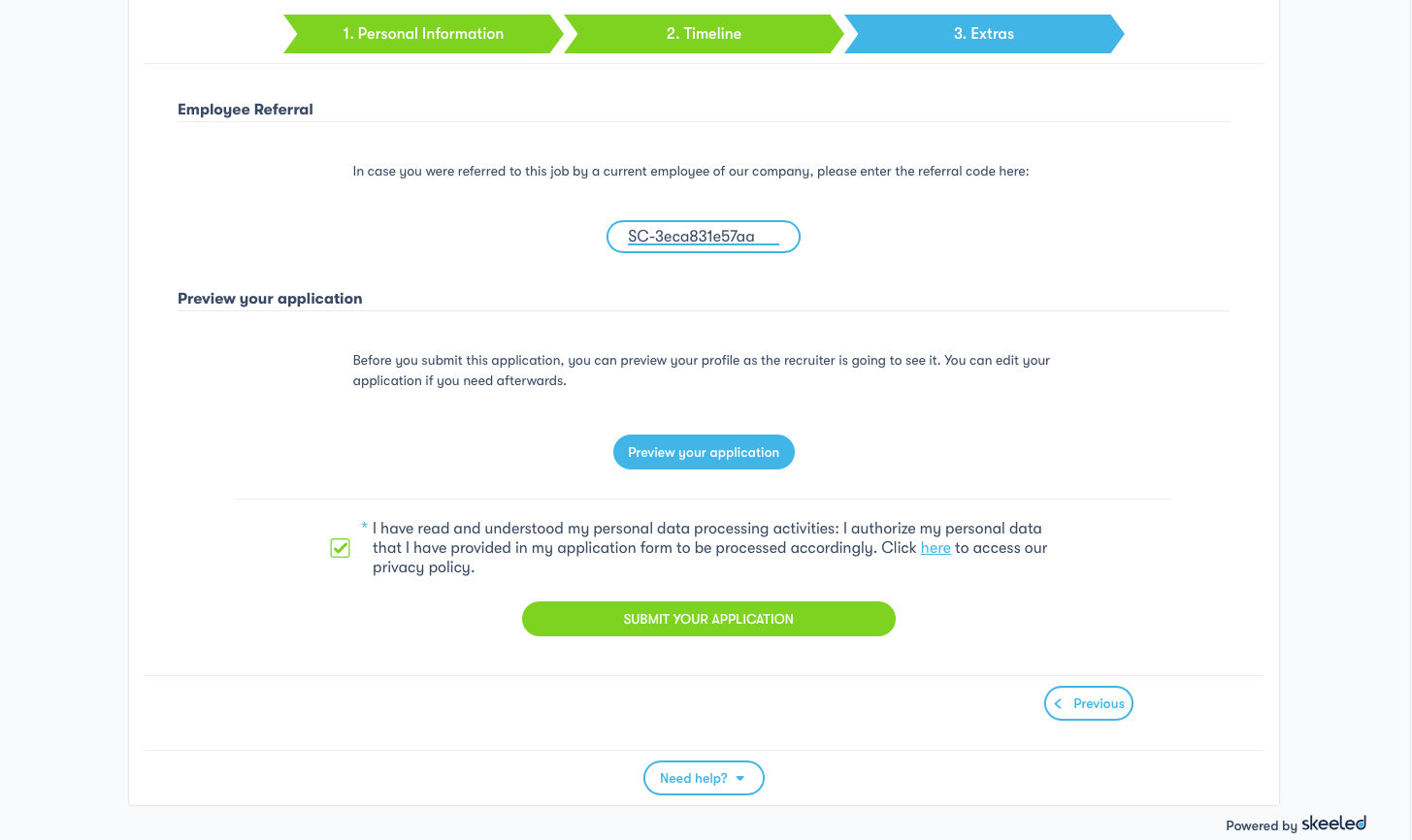 1.1 - employee referral code field on the application form 