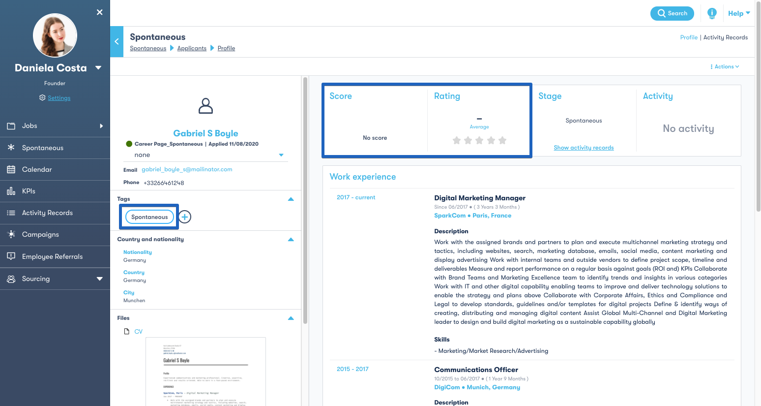 5 - manage spontaneous applicants profile