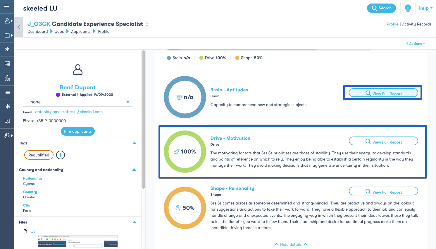 Pre-employment tests results summary