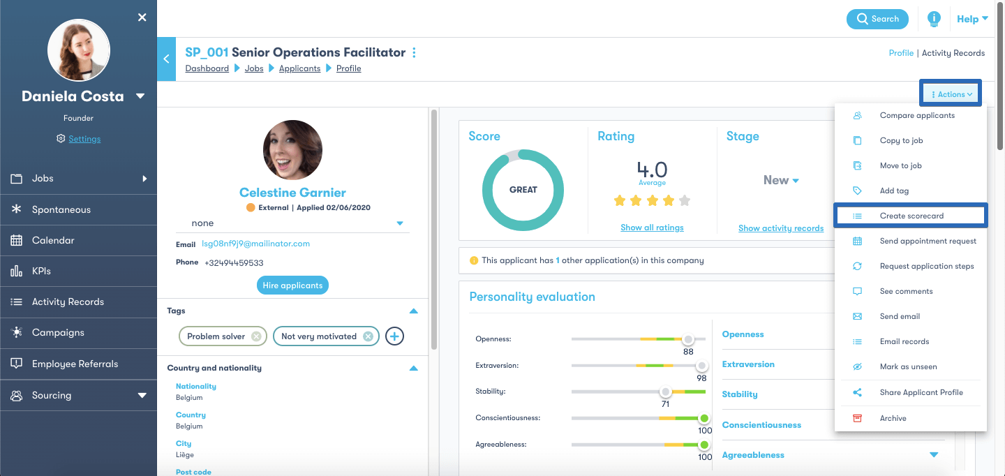 skeeled app candidate create scorecard