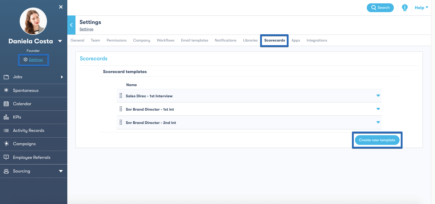 skeeled app settings scorecards